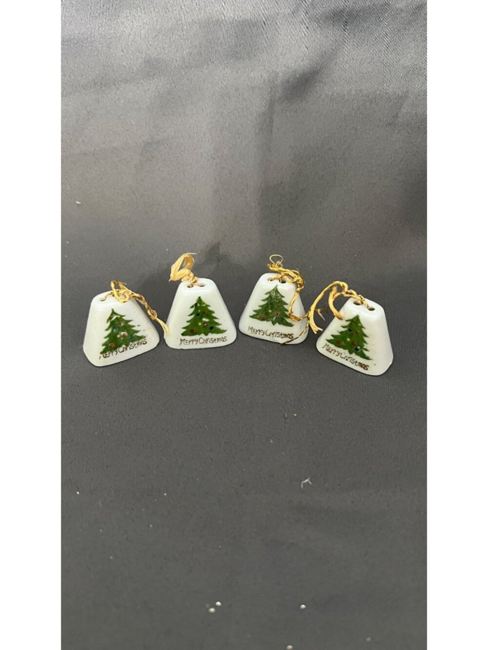 Set Of 4 Ceramic Christmas Tree Bell Ornaments With Gold String